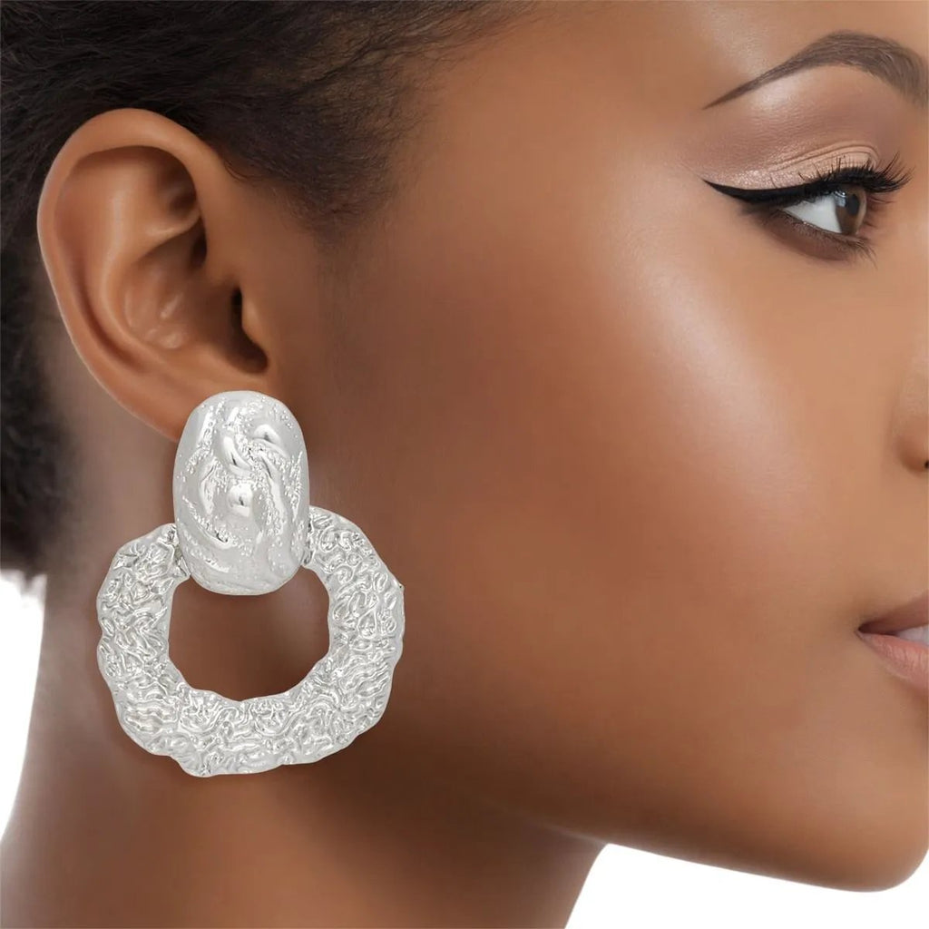 Jewelry Bubble Modernist Silver Door Knocker Drop Earrings with Textured Melted Metal – Lead & Nickel Compliant