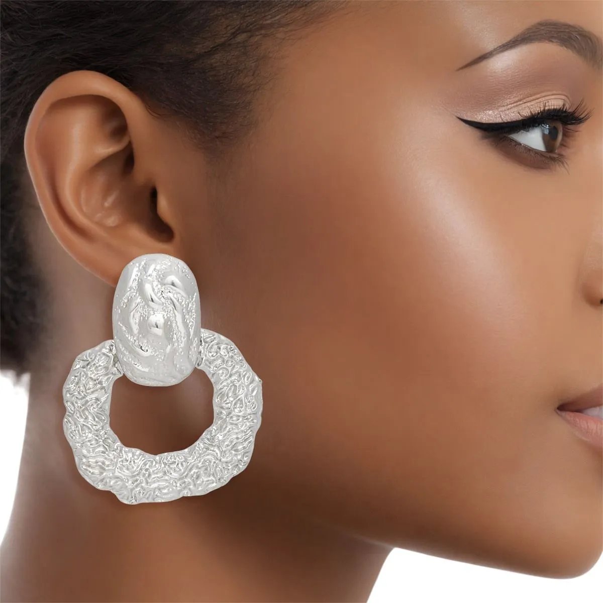 Jewelry Bubble Modernist Silver Door Knocker Drop Earrings with Textured Melted Metal – Lead & Nickel Compliant
