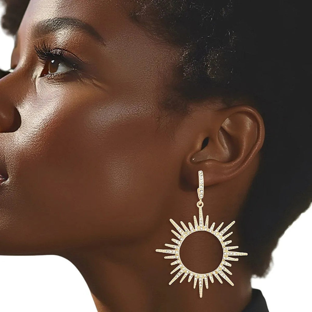 Women's Gold Sunburst Drop Hoop Earrings with Clear Rhinestones – Shine Bright Statement Jewelry