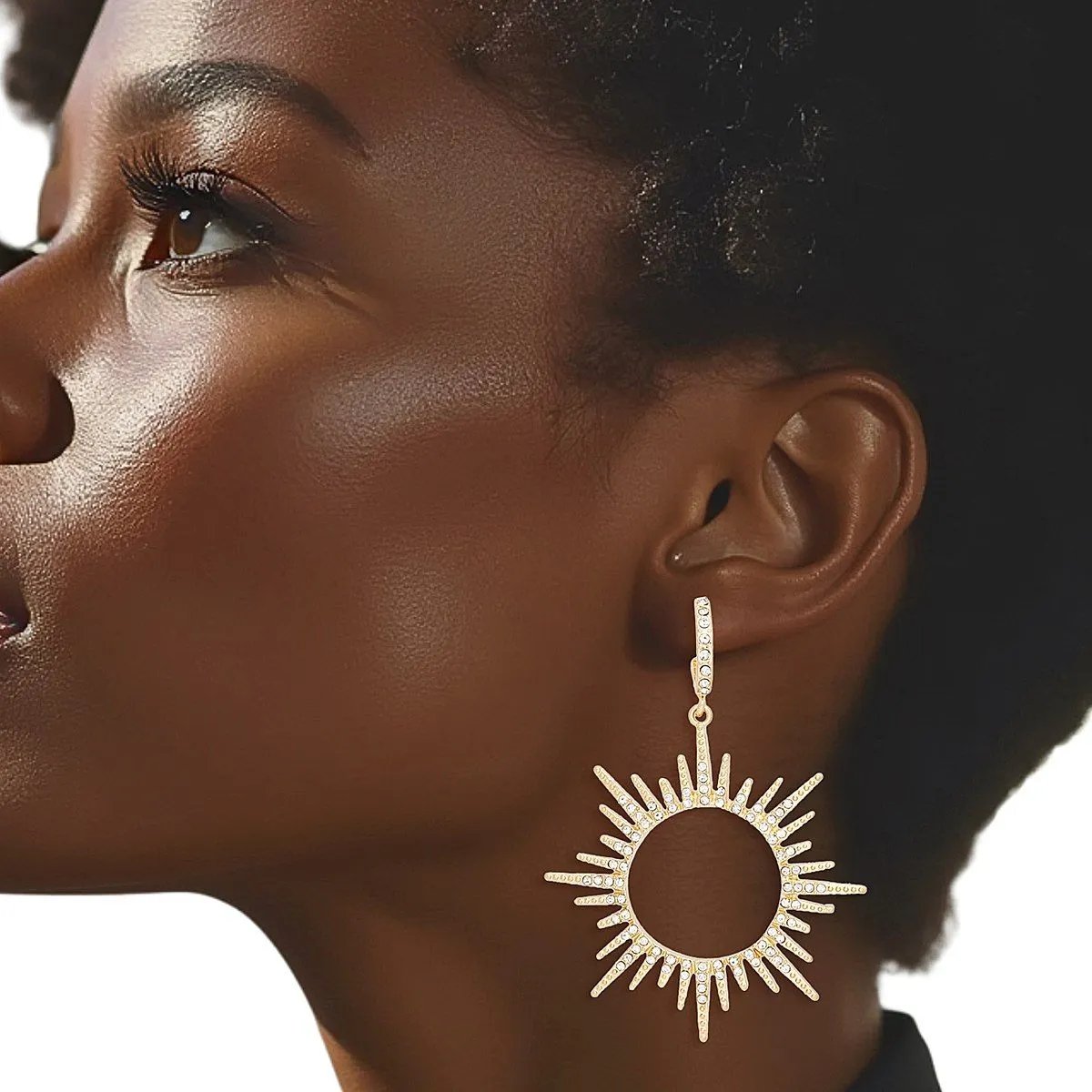 Women's Gold Sunburst Drop Hoop Earrings with Clear Rhinestones – Shine Bright Statement Jewelry