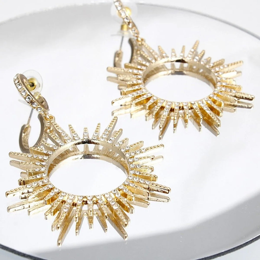 Women's Gold Sunburst Drop Hoop Earrings with Clear Rhinestones – Shine Bright Statement Jewelry