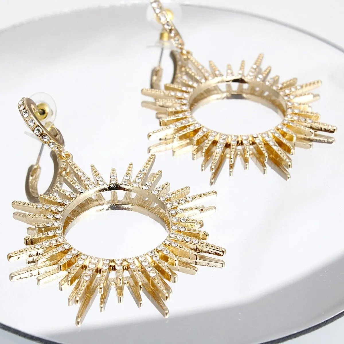 Women's Gold Sunburst Drop Hoop Earrings with Clear Rhinestones – Shine Bright Statement Jewelry