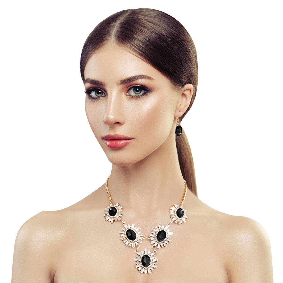 Black Stone Gold Necklace Set | Statement Fashion Jewelry