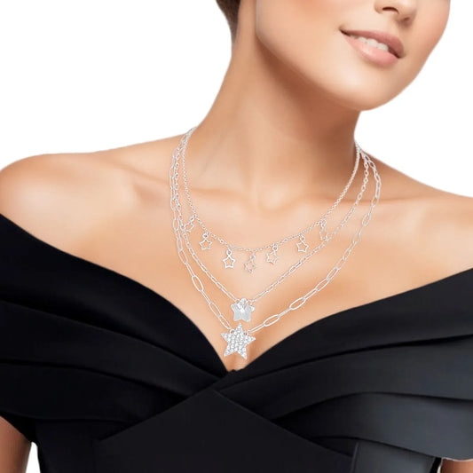 Silver Tone Star Layered Necklace Set - Complement Any Outfit