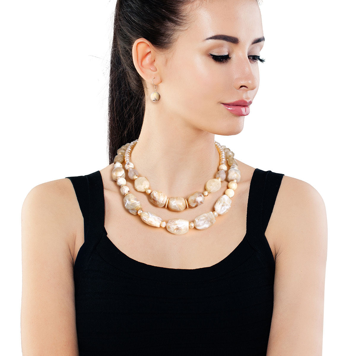 Brown Layered Necklace Set Double Strand Beaded Jewelry