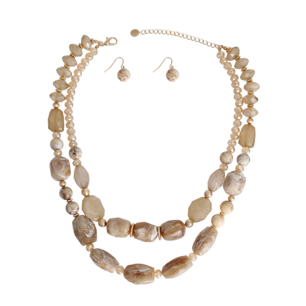 Brown Layered Necklace Set Double Strand Beaded Jewelry