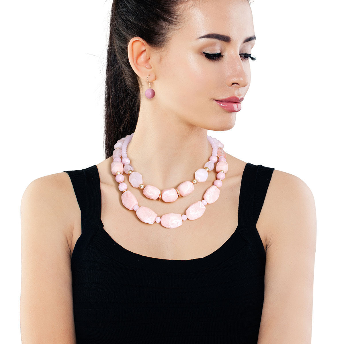 Pink Layered Necklace Set Double Strand Beaded Jewelry