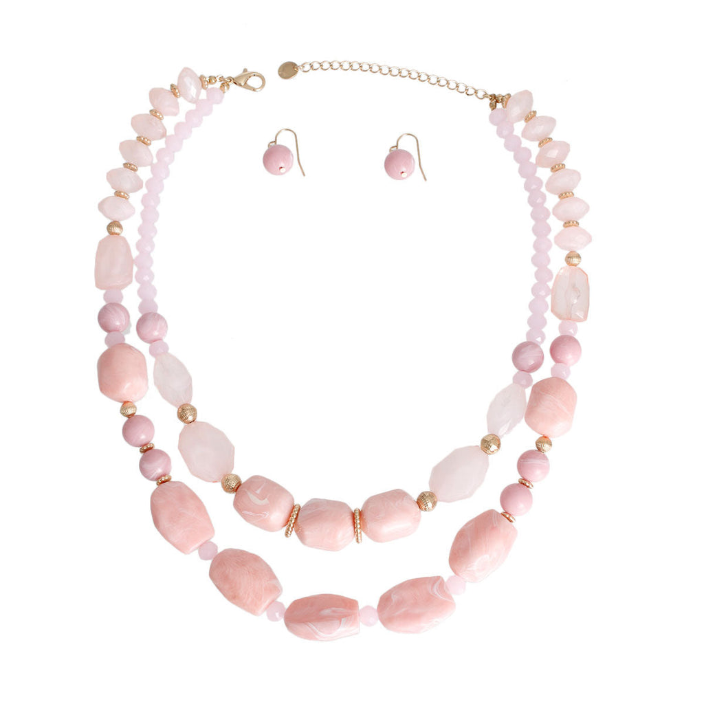 Pink Layered Necklace Set Double Strand Beaded Jewelry