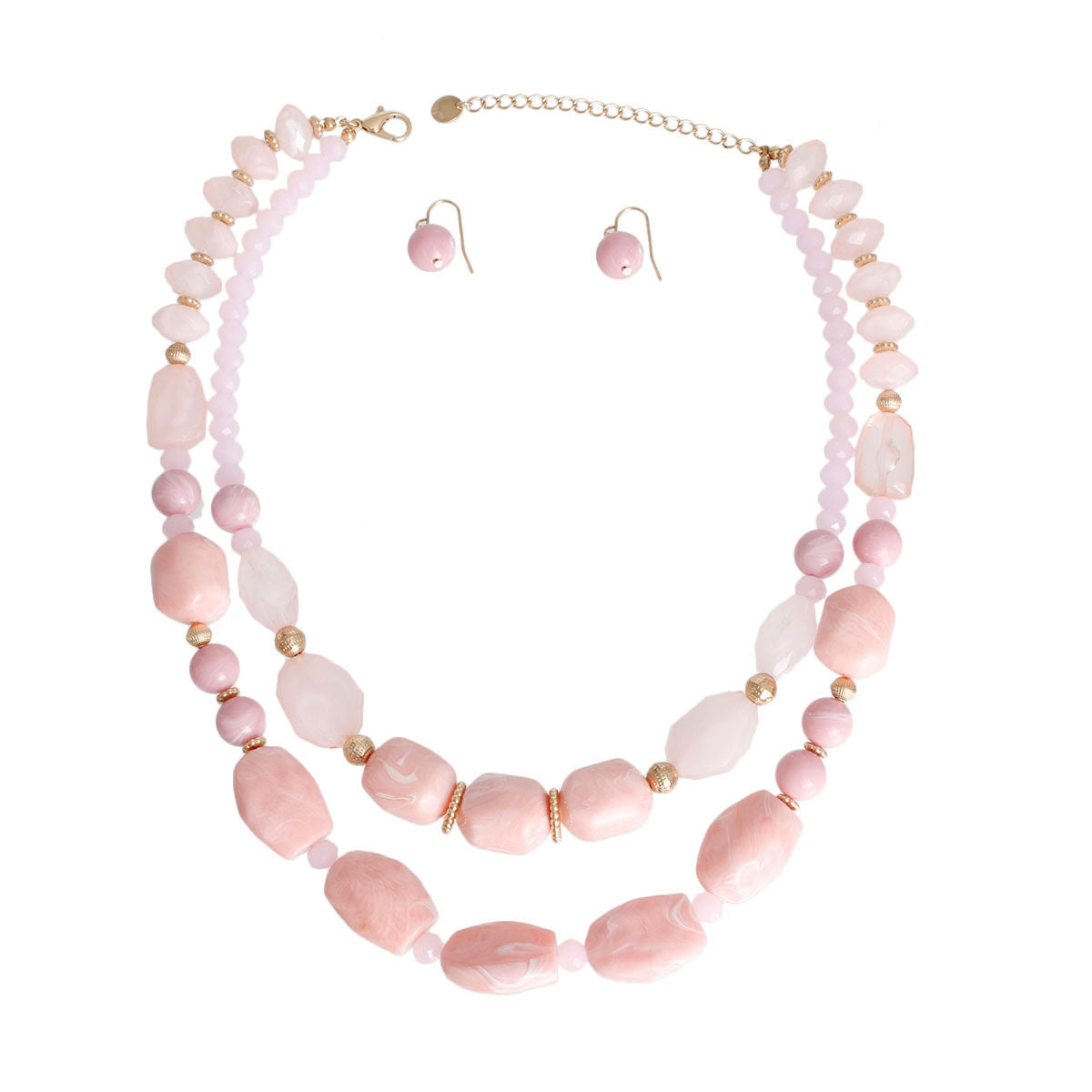 Pink Layered Necklace Set Double Strand Beaded Jewelry