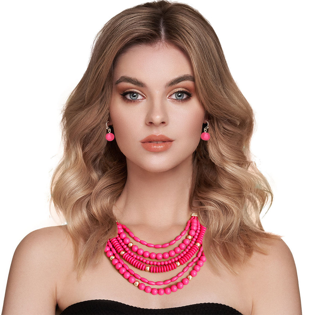 Fuchsia Beaded Statement Necklace Set with Gold Accents – Boutique Exclusive Pinktown