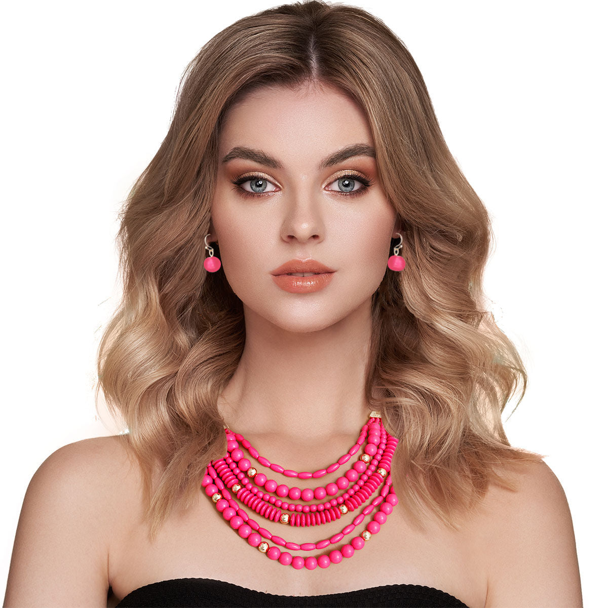 Fuchsia Beaded Statement Necklace Set with Gold Accents – Boutique Exclusive Pinktown