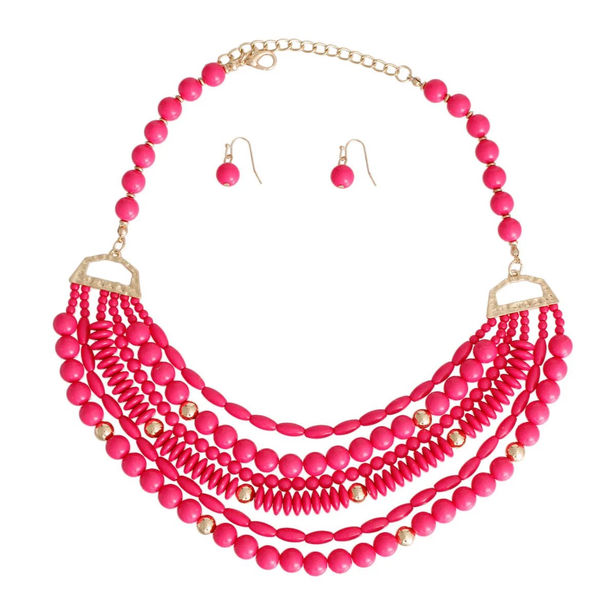 Fuchsia Beaded Statement Necklace Set with Gold Accents – Boutique Exclusive