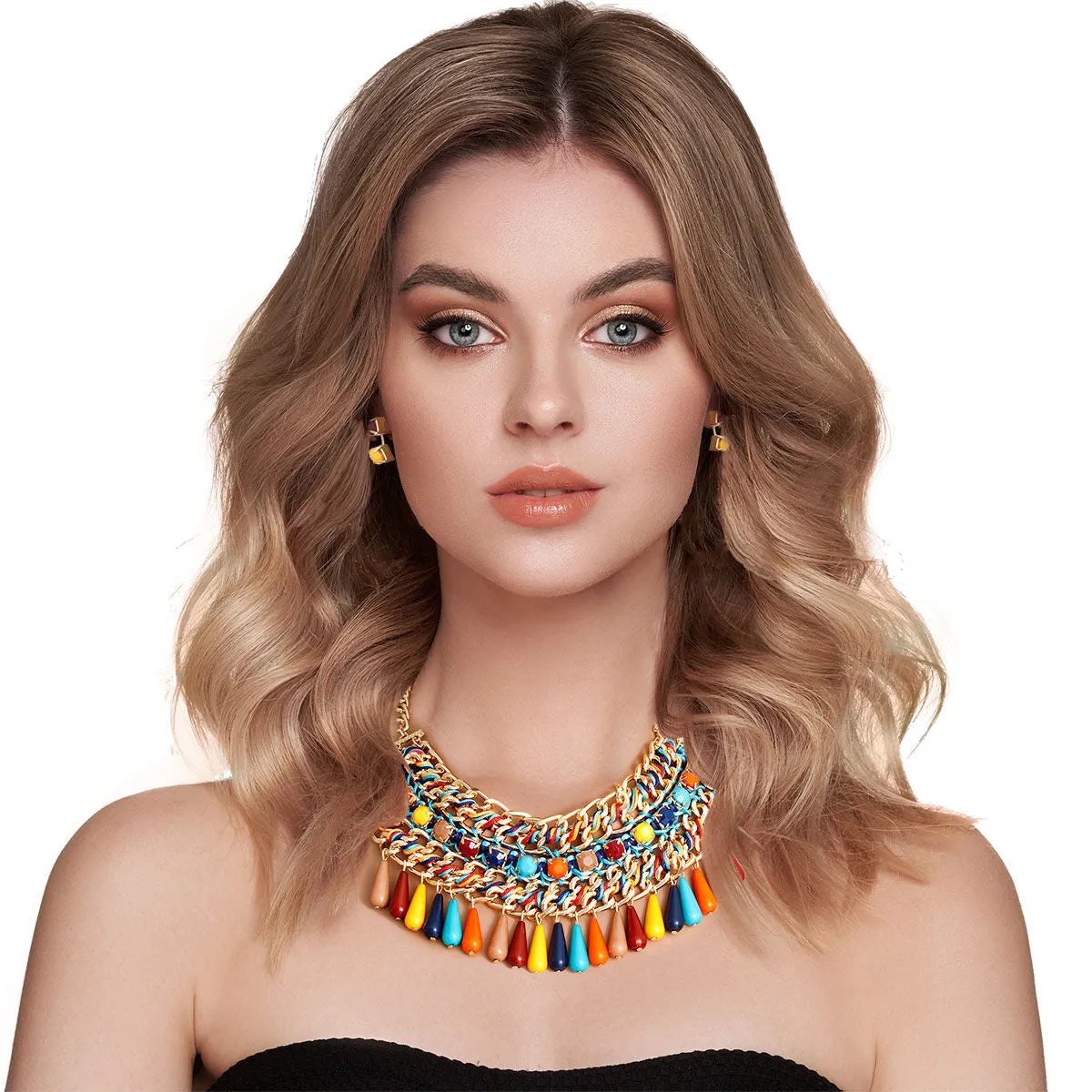 Multi Beaded Boho Necklace Set – Gold Chain, Woven Strings & Colorful Teardrop Beads