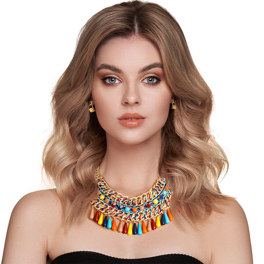 Multi Beaded Boho Necklace Set – Gold Chain, Woven Strings & Colorful Teardrop Beads Pinktown