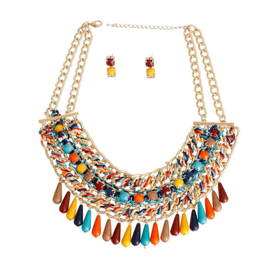Multi Beaded Boho Necklace Set – Gold Chain, Woven Strings & Colorful Teardrop Beads Pinktown