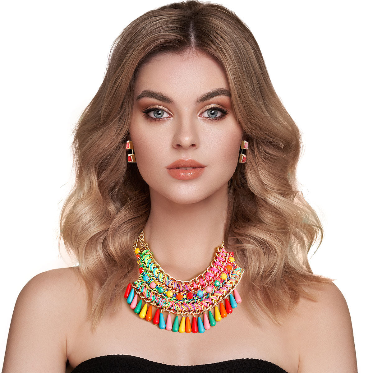 Rainbow Beaded Boho Necklace Set – Gold Tone Chain with Rainbow Teardrop Acrylic Beads Pinktown