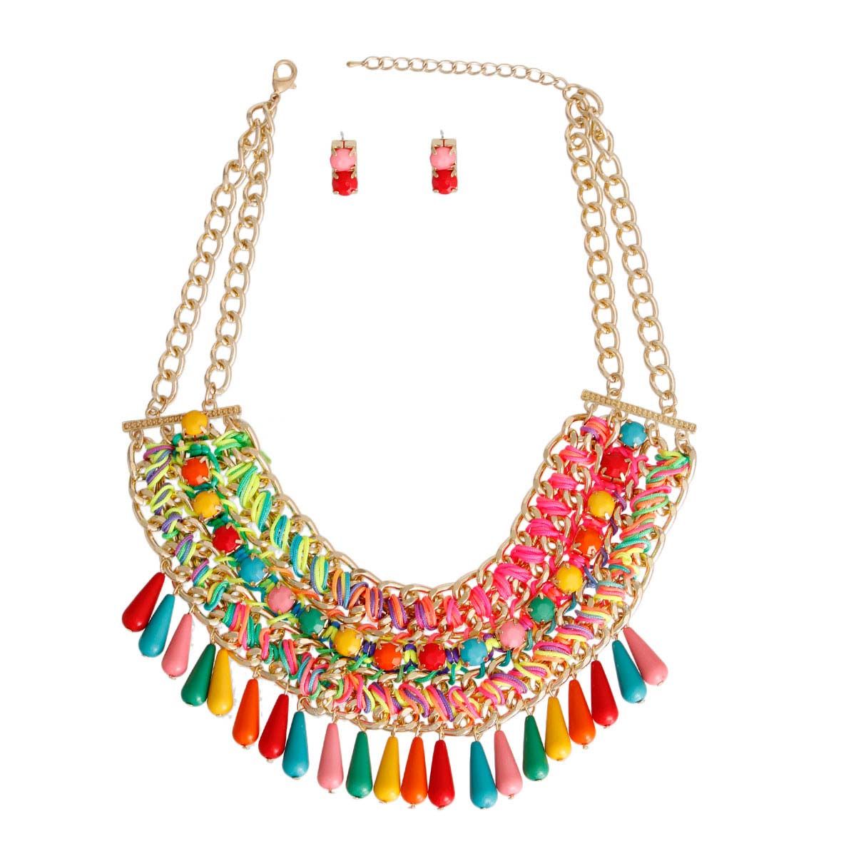 Rainbow Beaded Boho Necklace Set – Gold Tone Chain with Rainbow Teardrop Acrylic Beads Pinktown