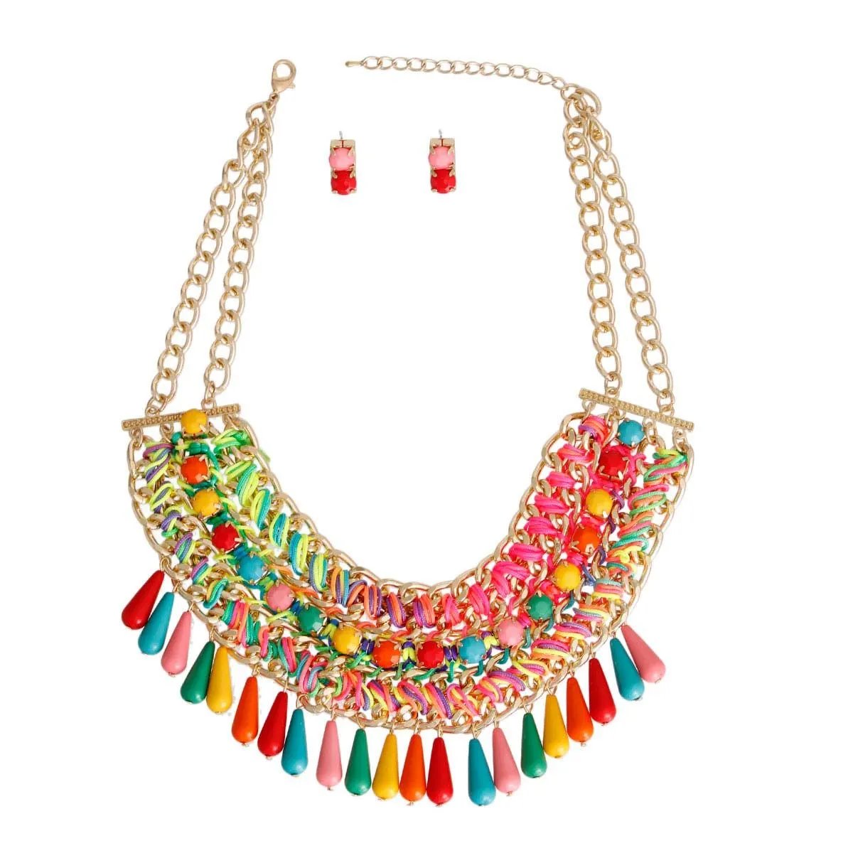 Rainbow Beaded Boho Necklace Set – Gold Tone Chain with Rainbow Teardrop Acrylic Beads