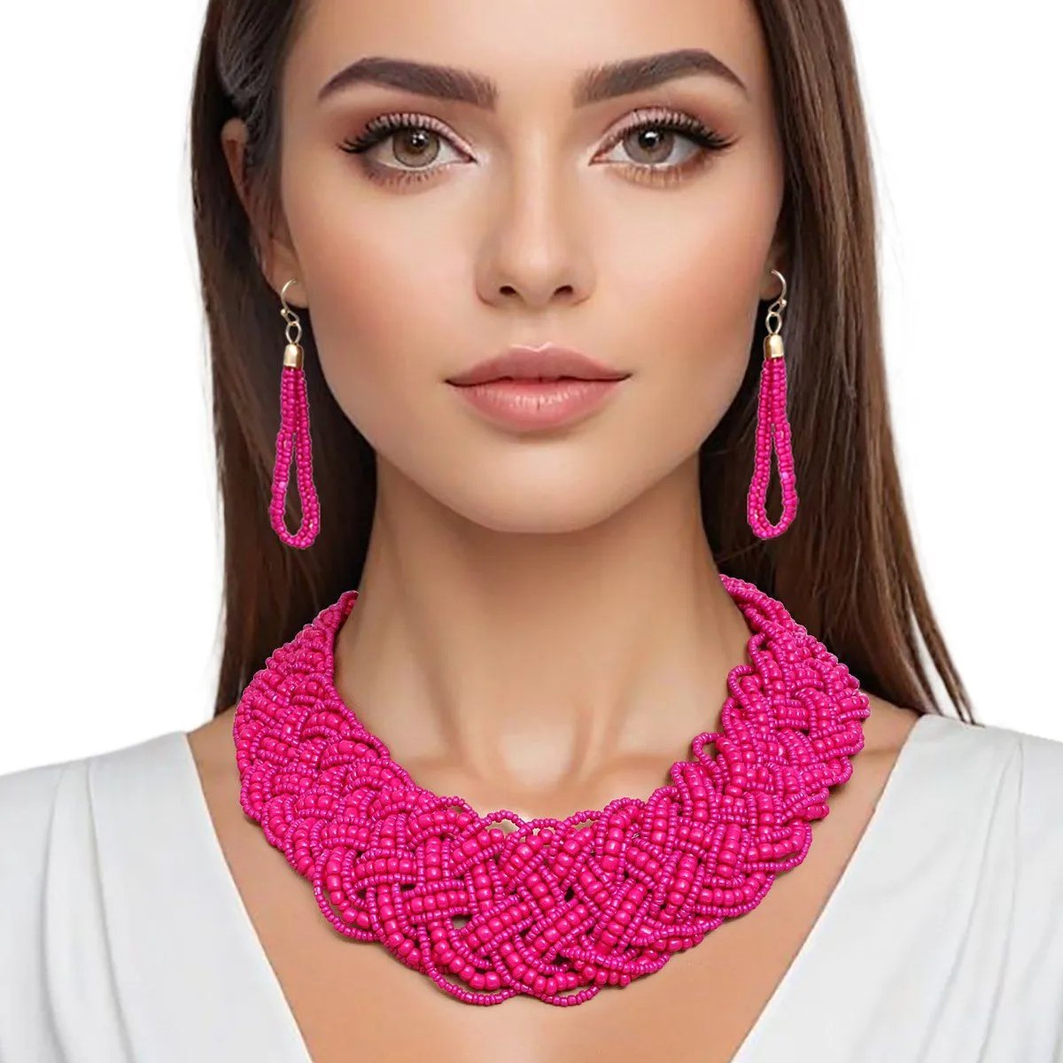 Fuchsia Acrylic Seed Bead Necklace Set | Wide Collar Fashion Statement