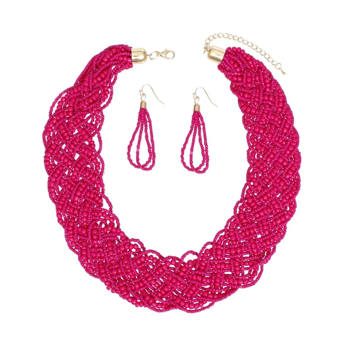 Fuchsia Acrylic Seed Bead Necklace Set | Wide Collar Fashion Statement