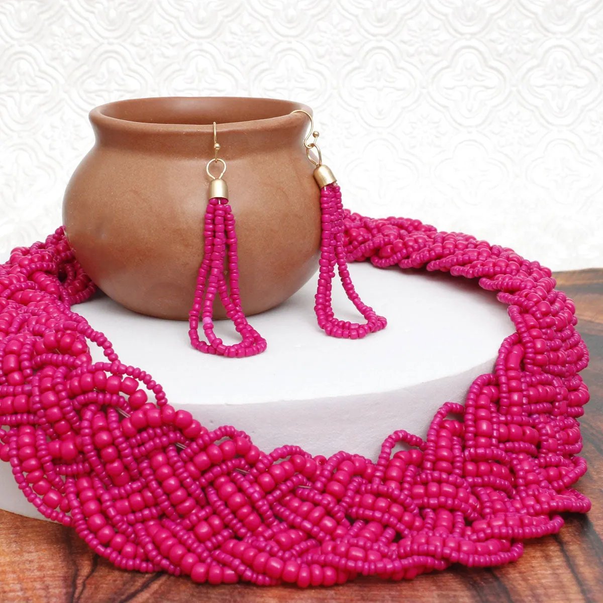 Fuchsia Acrylic Seed Bead Necklace Set | Wide Collar Fashion Statement