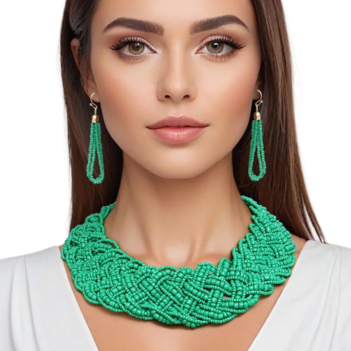 Green Acrylic Seed Bead Necklace Set | Wide Collar Fashion Statement