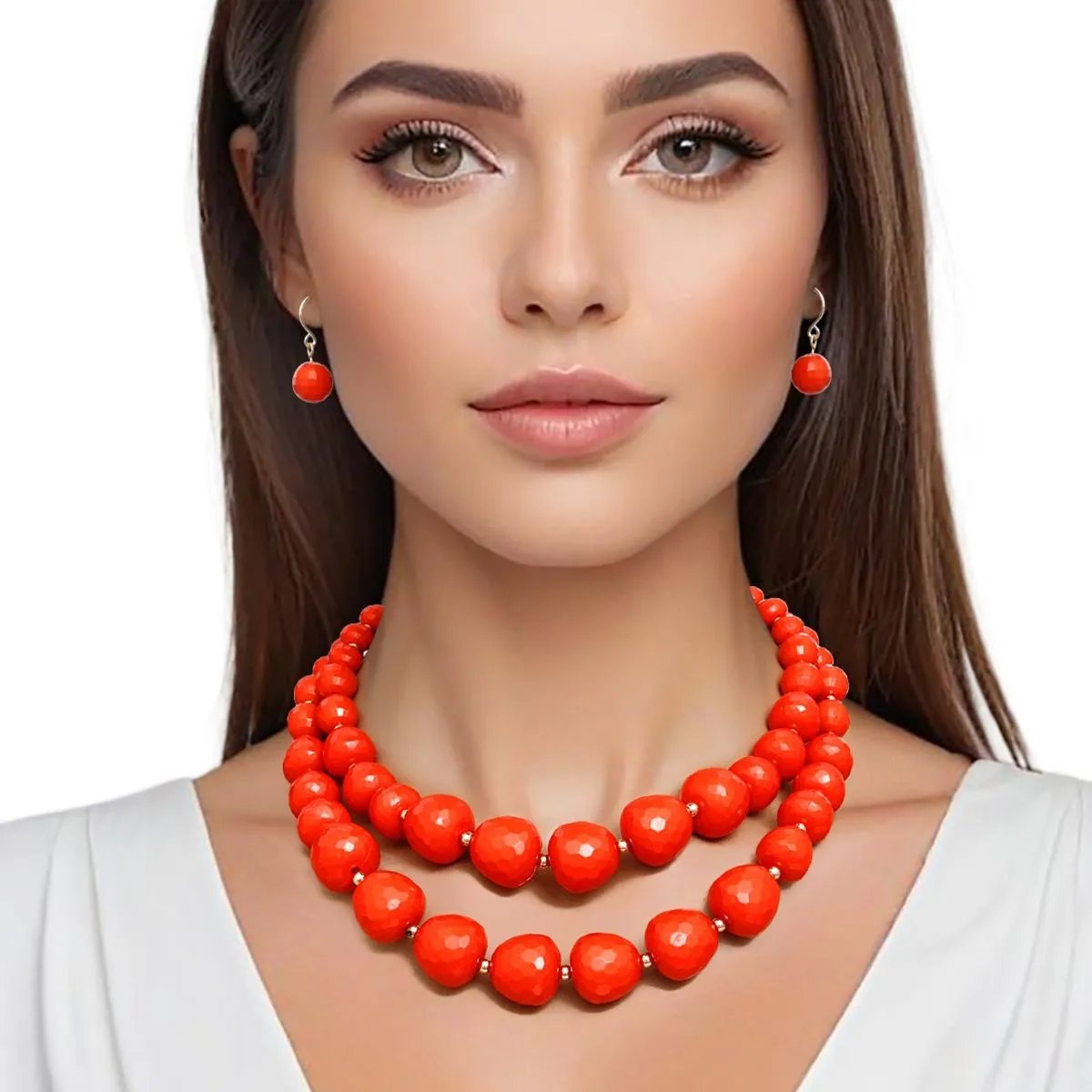 Multi Strand Coral Beaded Necklace Set with Gold Spacers & Earrings | Fashion Jewelry