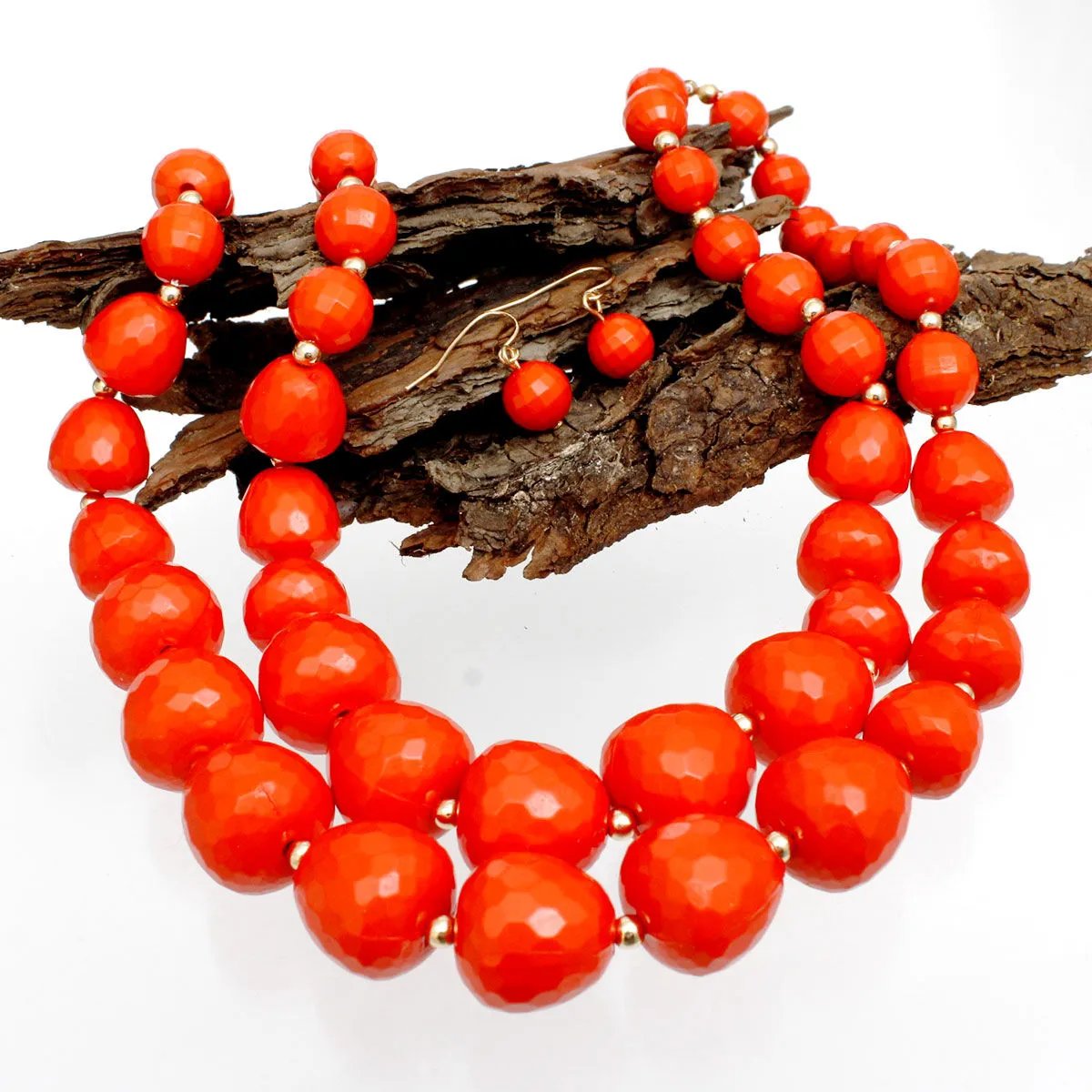 Multi Strand Coral Beaded Necklace Set with Gold Spacers & Earrings | Fashion Jewelry