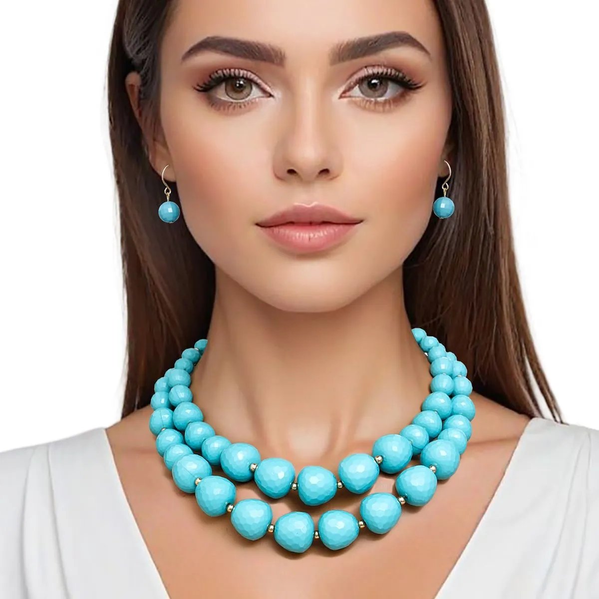 Multi Strand Turquoise Beaded Necklace Set with Gold Spacers & Earrings | Fashion Jewelry