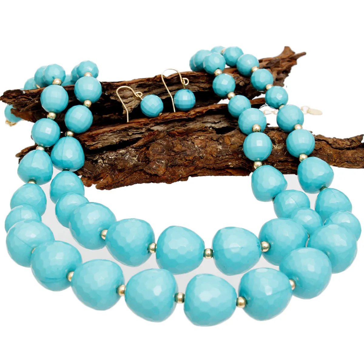 Multi Strand Turquoise Beaded Necklace Set with Gold Spacers & Earrings | Fashion Jewelry