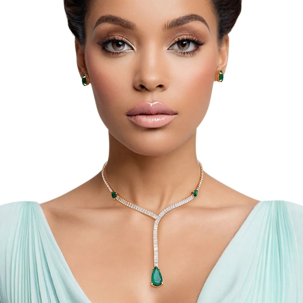 Elegant Green Teardrop Y Necklace Fashion Jewelry Set with Matching Stud Earrings