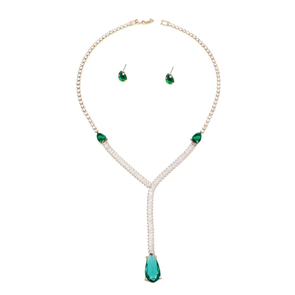 Elegant Green Teardrop Y Necklace Fashion Jewelry Set with Matching Stud Earrings