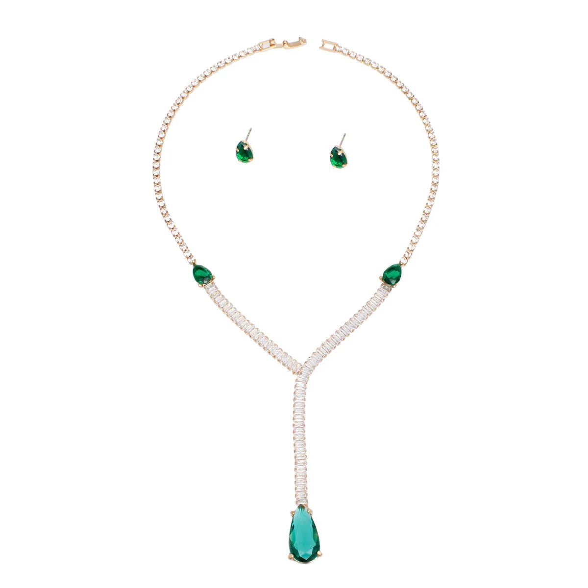 Elegant Green Teardrop Y Necklace Fashion Jewelry Set with Matching Stud Earrings