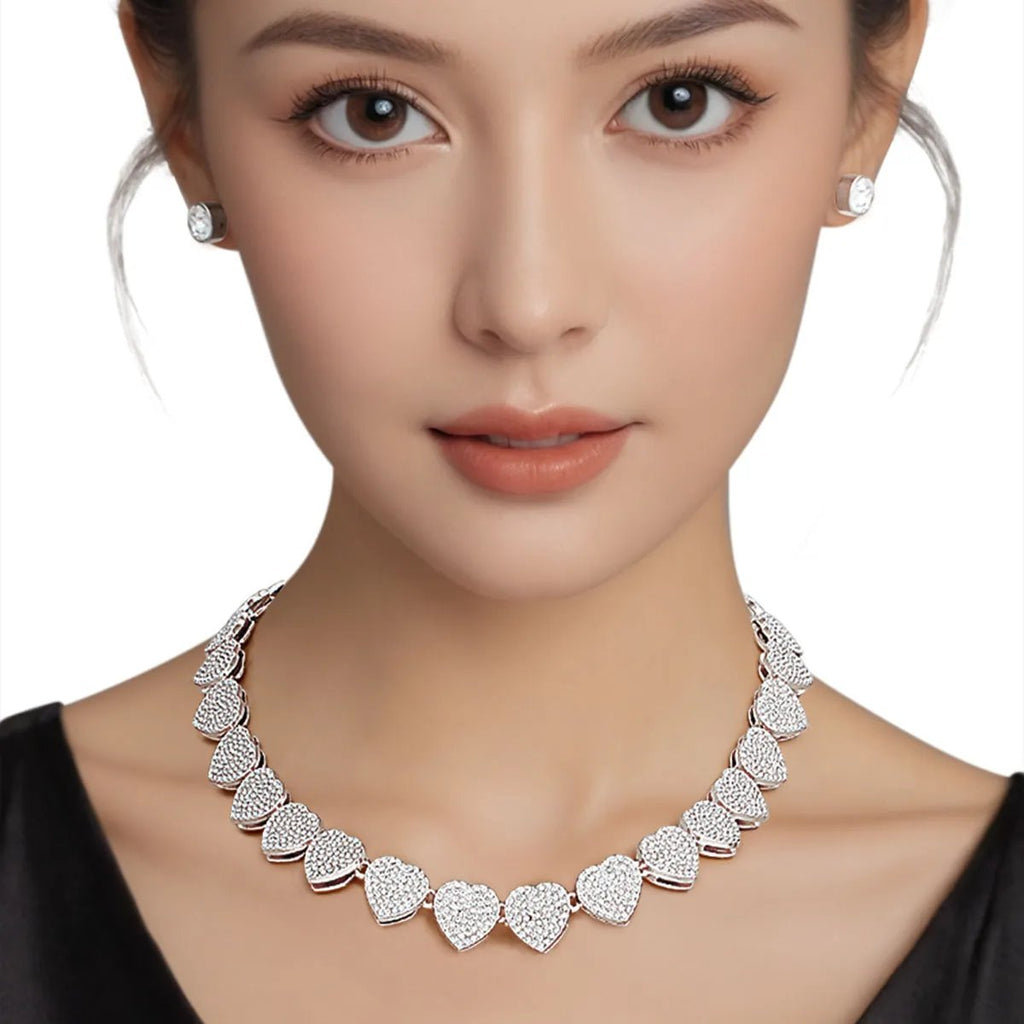 Crystal Heart Statement Necklace - Silver Elegance