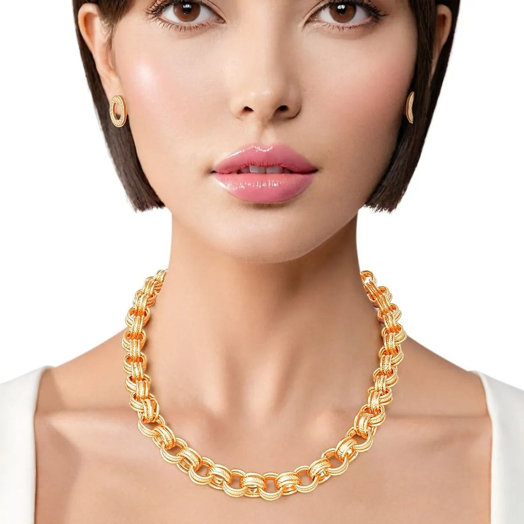 Premium Chunky Gold Triple Ring Chain Necklace & Earring Set - Bold Statement Fashion Jewelry for Women