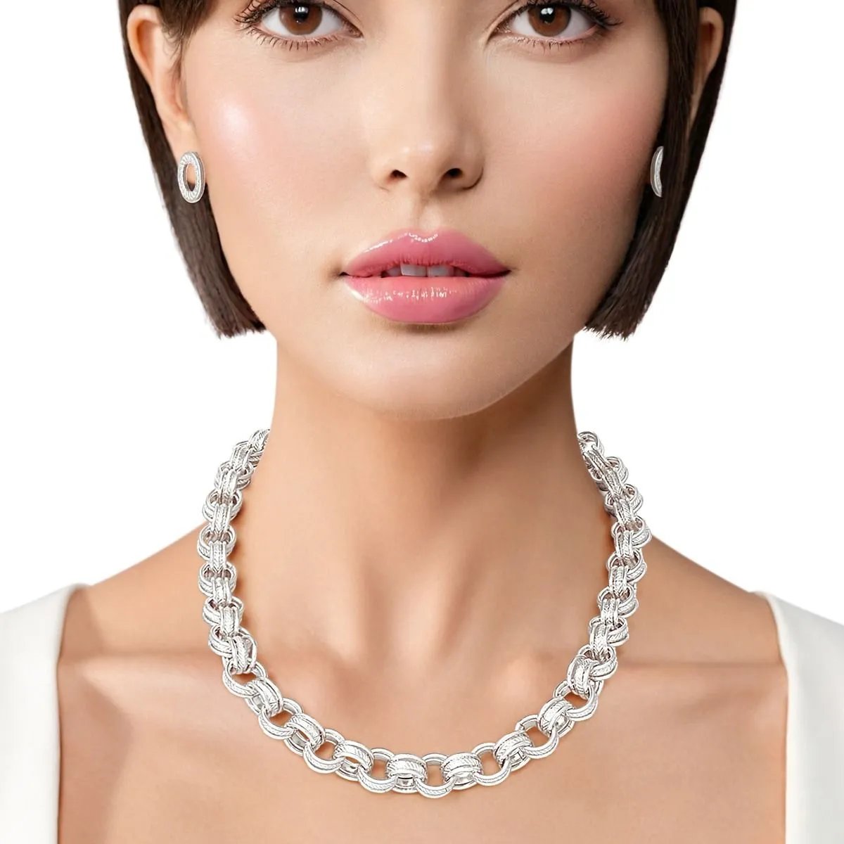 Premium Chunky Silver Triple Ring Chain Necklace & Earring Set - Bold Statement Fashion Jewelry for Women