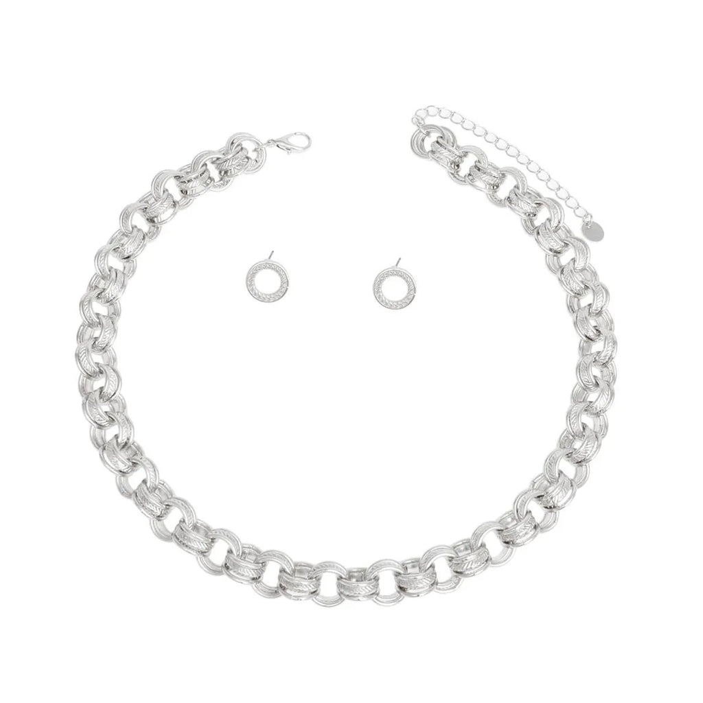 Premium Chunky Silver Triple Ring Chain Necklace & Earring Set - Bold Statement Fashion Jewelry for Women