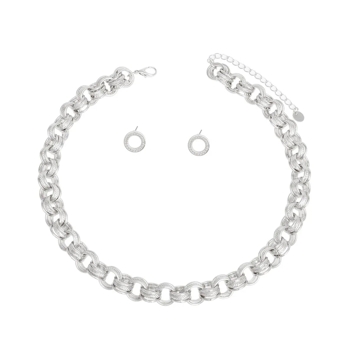 Premium Chunky Silver Triple Ring Chain Necklace & Earring Set - Bold Statement Fashion Jewelry for Women