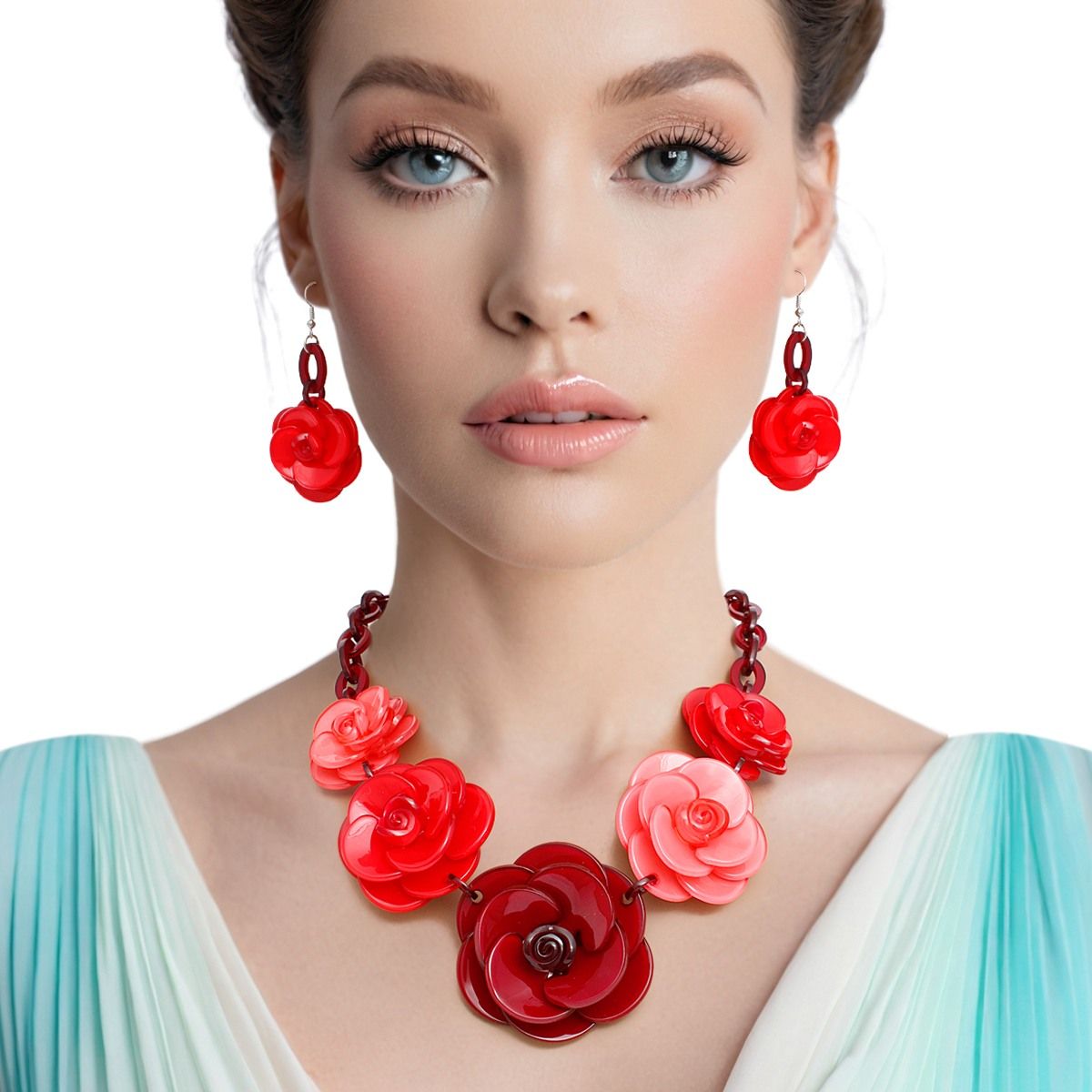 Bold Whimsy Burgundy Rose Statement Collar Necklace Set with Matching Dimensional Flower Earrings Pinktown