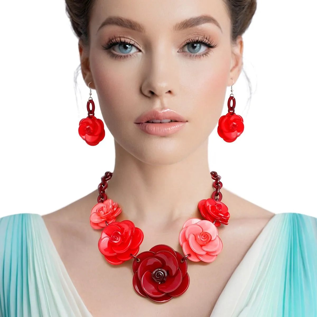 Bold Whimsy Burgundy Rose Statement Collar Necklace Set with Matching Dimensional Flower Earrings