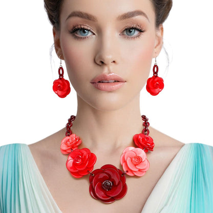 Bold Whimsy Burgundy Rose Statement Collar Necklace Set with Matching Dimensional Flower Earrings Pinktown