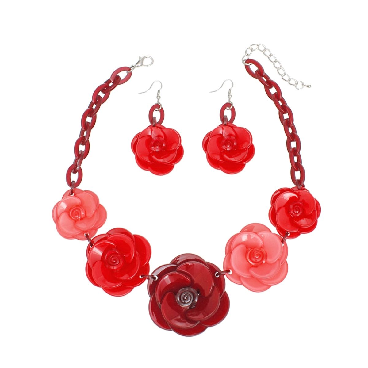 Bold Whimsy Burgundy Rose Statement Collar Necklace Set with Matching Dimensional Flower Earrings Pinktown