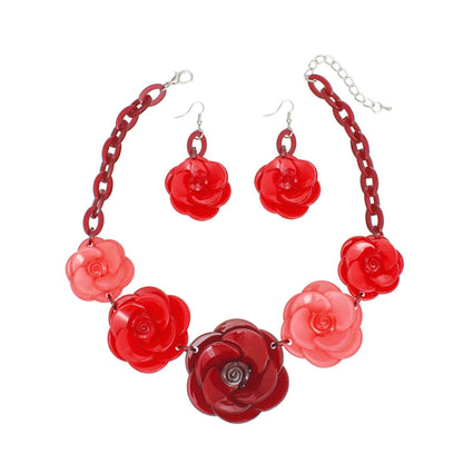 Bold Whimsy Burgundy Rose Statement Collar Necklace Set with Matching Dimensional Flower Earrings Pinktown