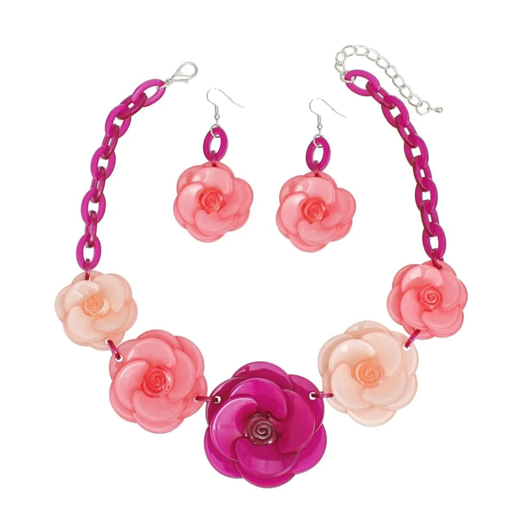 Bold Whimsy Purple-Fuchsia Rose Statement Collar Necklace Set with Matching Dimensional Flower Earrings