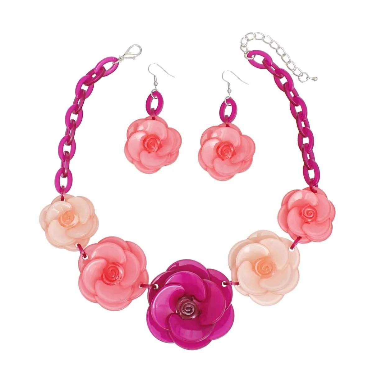 Bold Whimsy Purple-Fuchsia Rose Statement Collar Necklace Set with Matching Dimensional Flower Earrings