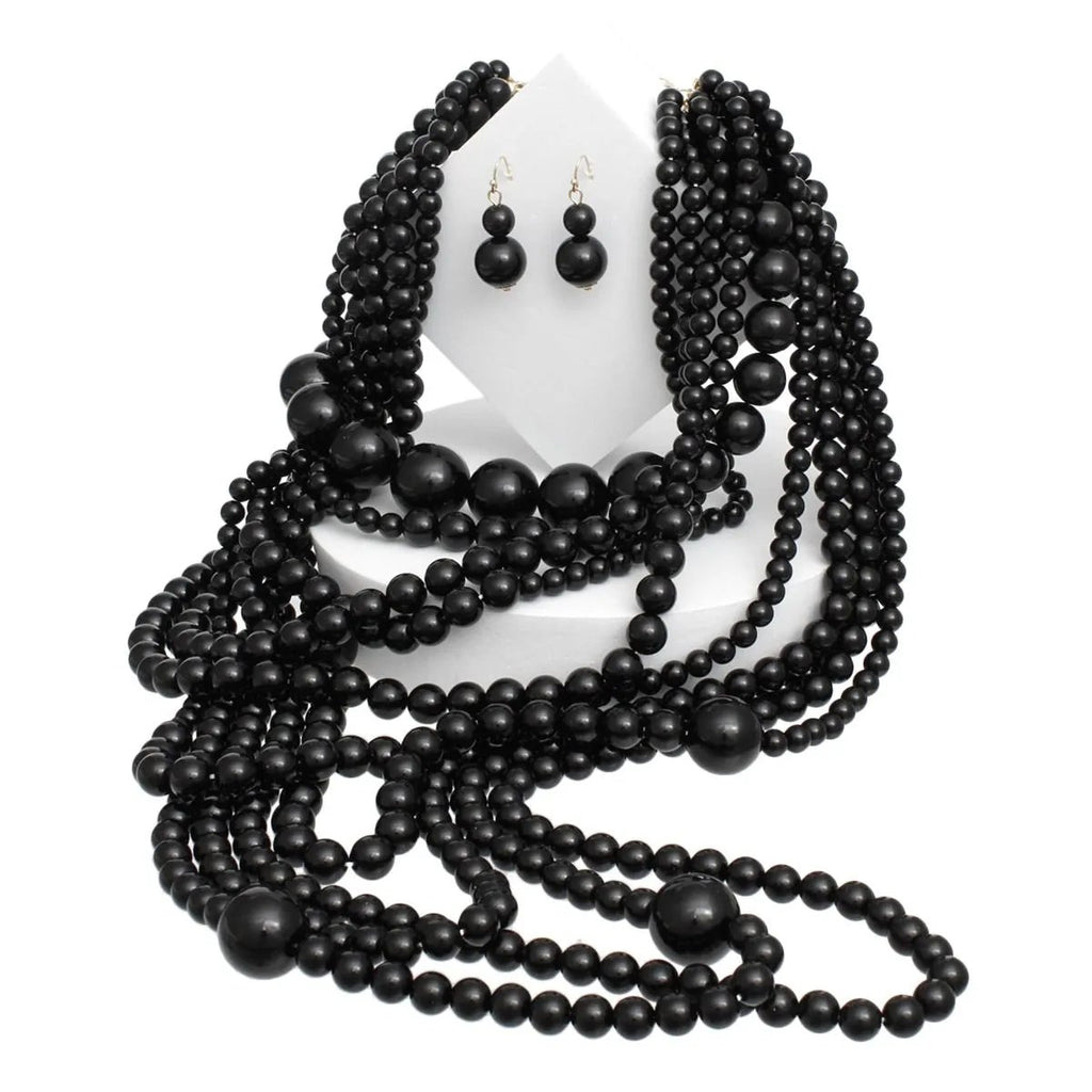Layered Black Acrylic Bead Necklace Set with Matching Earrings