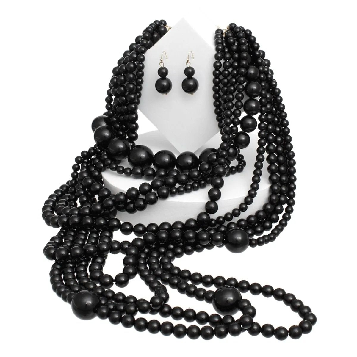 Layered Black Acrylic Bead Necklace Set with Matching Earrings