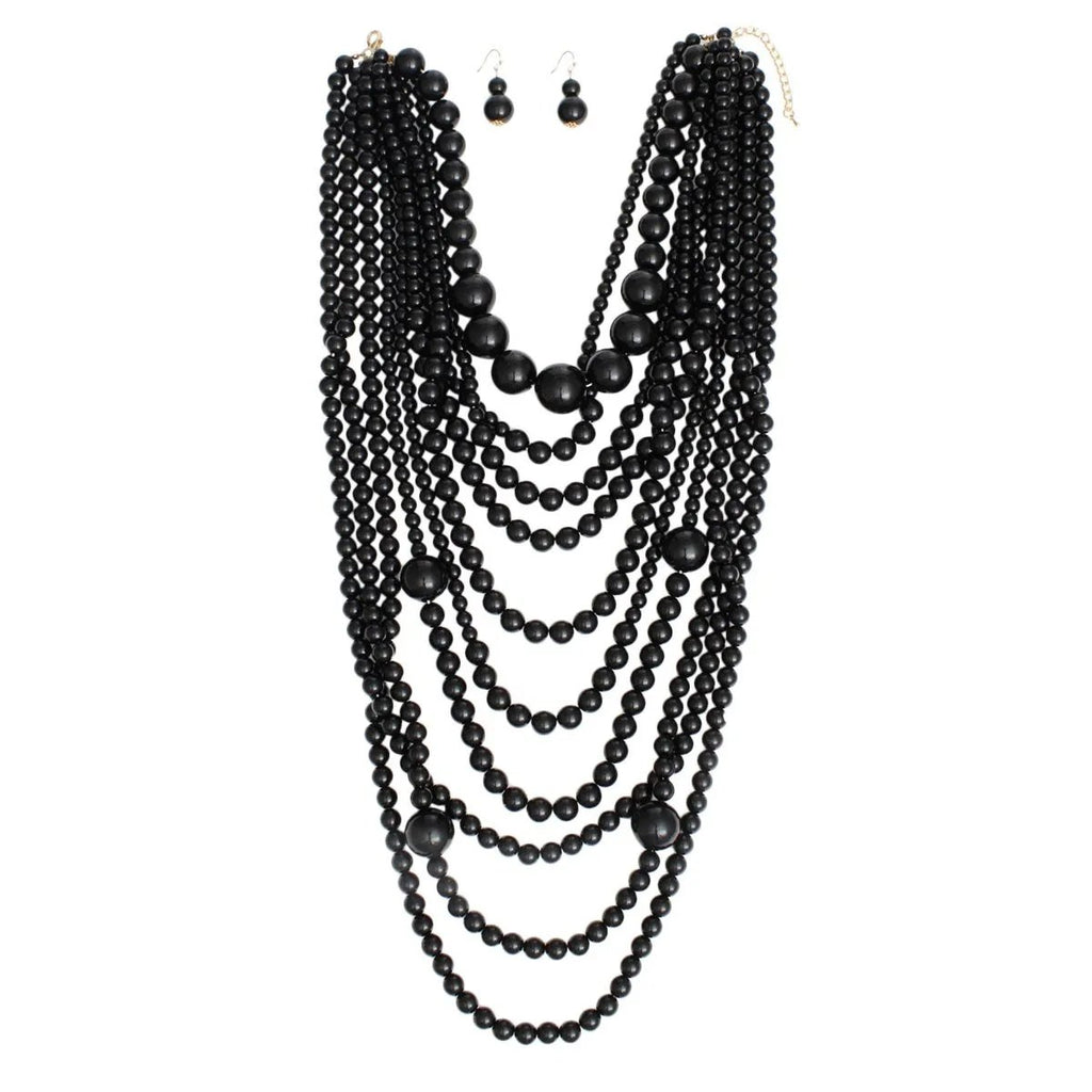 Layered Black Acrylic Bead Necklace Set with Matching Earrings