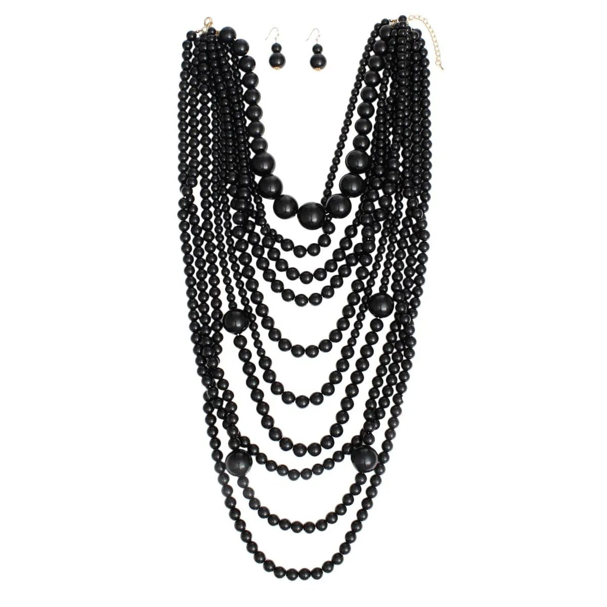 Layered Black Acrylic Bead Necklace Set with Matching Earrings