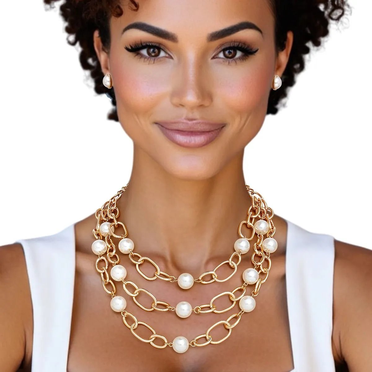 Gold Chain Pearl Necklace Set – Layered Cream Pearls Fashion Jewelry
